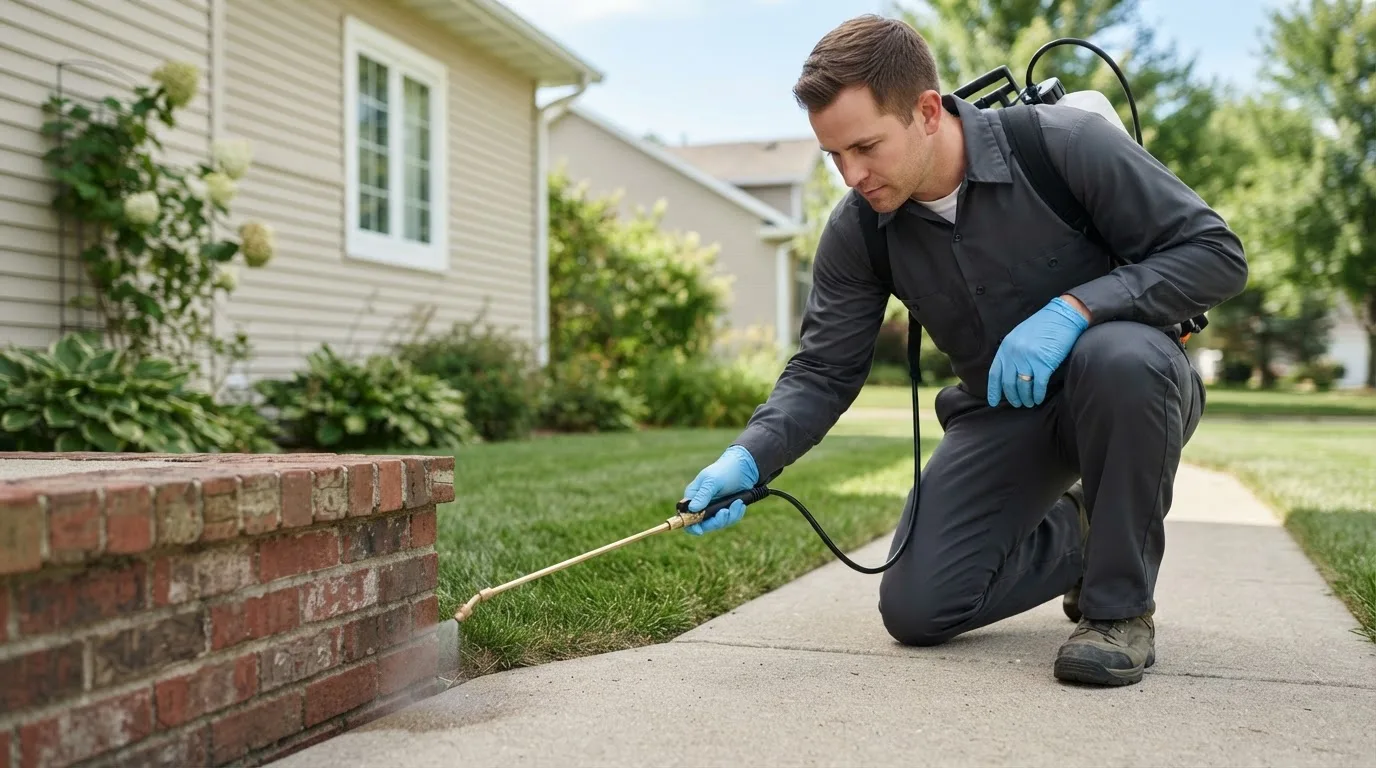 Pest control technician treating a home near Bloomingdale, IN